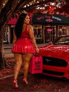 Red Pleather Pleated Mini Skirt & Tank Set